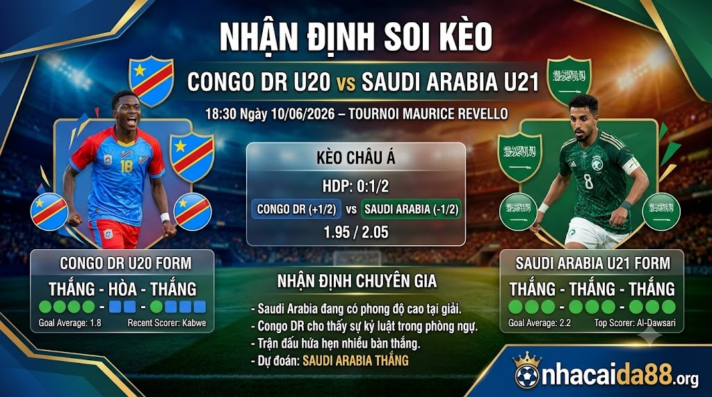Nhận định soi kèo Congo DR U20 vs Saudi Arabia U21 18h 30 ngày 10/06/2026 – Tournoi Maurice Revello