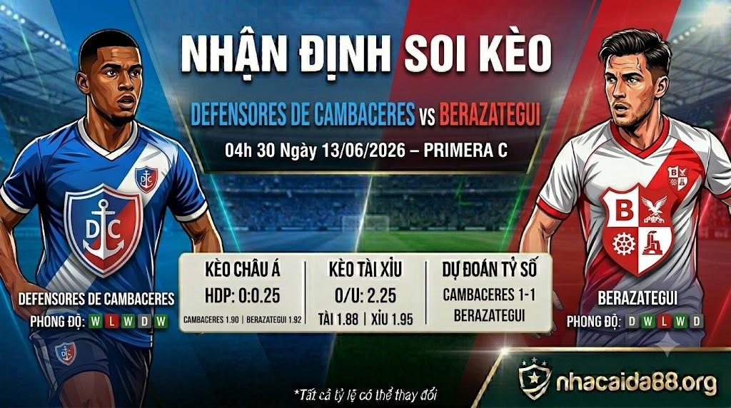 Nhận định soi kèo Defensores de Cambaceres vs Berazategui 04h 30 ngày 13/06/2026 – Primera C