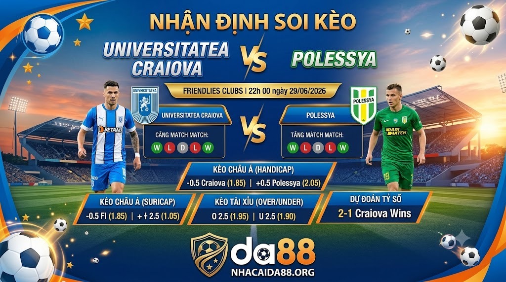 Nhận định soi kèo Universitatea Craiova vs Polessya 22h 00 ngày 29/06/2026 – Friendlies Clubs
